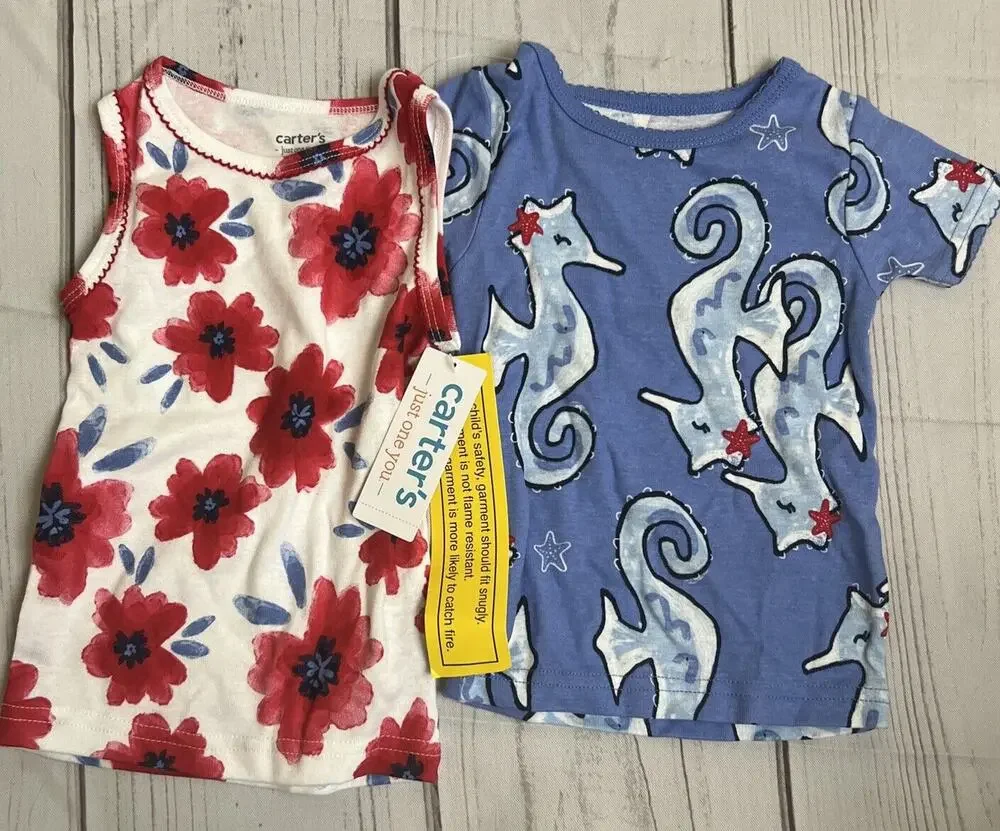 Carter's Just One You Seahorse/Floral Pajama Tops (2PC) Girls 12 Mo NWT